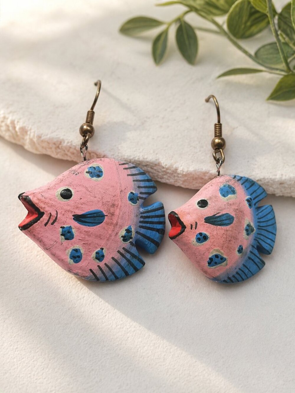 Vintage wood hand painted mermaidcore grunge festival ocean fish earrings